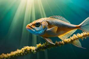 un pescado es sentado en un rama con luz de sol brillante abajo. generado por ai foto