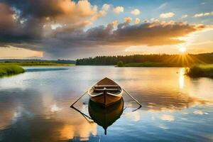 un barco en el lago a puesta de sol. generado por ai foto