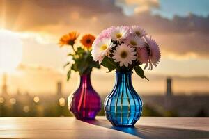 two vases with flowers on a table in front of a sunset. AI-Generated photo