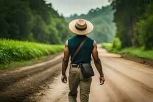 a man wearing a hat and carrying a bag walks down a dirt road. AI-Generated photo