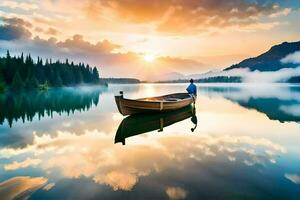 a man is standing on a boat in the middle of a lake. AI-Generated photo