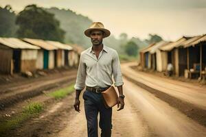 a man in a hat walks down a dirt road. AI-Generated photo