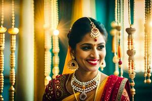 a beautiful indian bride smiling in her traditional attire. AI-Generated photo