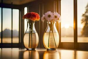 two vases with flowers sitting on a table in front of a window. AI-Generated photo