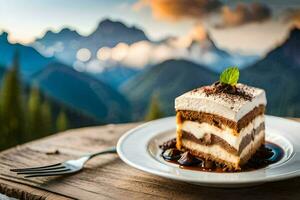 a dessert on a plate in the mountains. AI-Generated photo