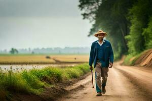 a man in a hat and suit walking down a dirt road. AI-Generated photo