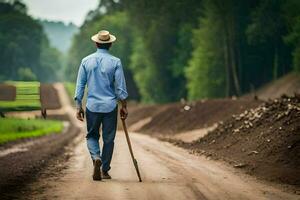 un hombre caminando abajo un suciedad la carretera con un sombrero y caña. generado por ai foto