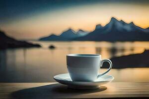 café taza en un de madera mesa con montañas en el antecedentes. generado por ai foto