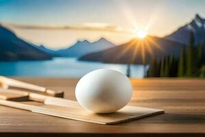 egg on a wooden table with chopsticks in the background. AI-Generated photo