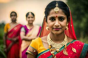 a woman in a sari stands in front of a group of women. AI-Generated photo
