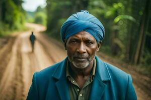 un hombre en un turbante soportes en un suciedad la carretera. generado por ai foto