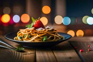 a plate of spaghetti with a strawberry on top. AI-Generated photo