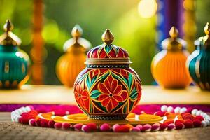 colorful decorative vases on a table with colorful beads. AI-Generated photo
