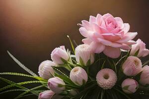 a bouquet of pink flowers is shown in front of a dark background. AI-Generated photo
