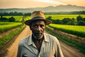 un hombre en un sombrero soportes en un campo. generado por ai foto