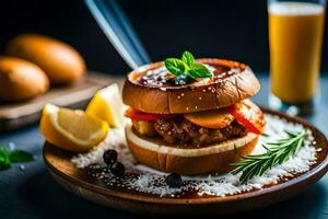 a hamburger with meat and vegetables on a plate. AI-Generated photo