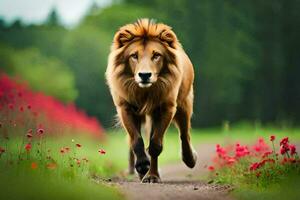 a lion walking on a path through a field of flowers. AI-Generated photo