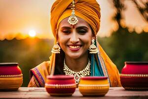 a woman in traditional indian attire is smiling and holding two pots. AI-Generated photo