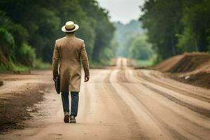 un hombre en un sombrero y traje caminando abajo un suciedad la carretera. generado por ai foto