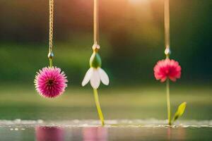 three flowers hanging from a string in water. AI-Generated photo