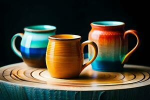 three colorful mugs sitting on a wooden table. AI-Generated photo