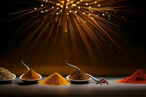 spices in bowls with fireworks in the background. AI-Generated photo