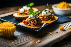 small plates with food on a wooden table. AI-Generated photo