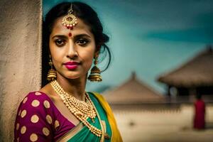 a beautiful indian woman wearing a colorful sari. AI-Generated photo