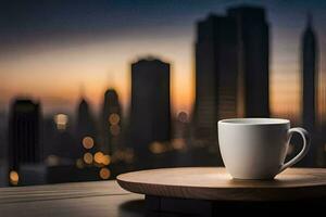 coffee cup on a table in front of cityscape. AI-Generated photo