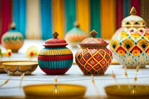colorful vases and bowls sit on a table. AI-Generated photo