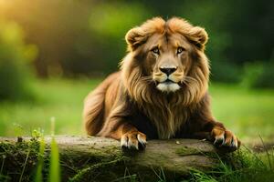 a lion is sitting on a log in the grass. AI-Generated photo