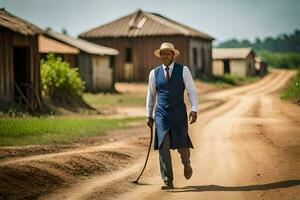 un hombre en un traje y sombrero caminando abajo un suciedad la carretera. generado por ai foto