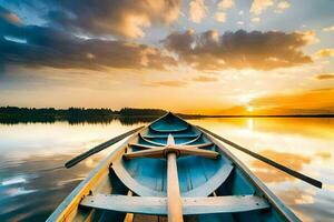 un barco es en el agua a puesta de sol. generado por ai foto