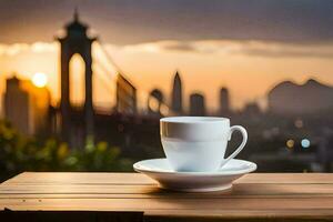 coffee cup on the table with the city in the background. AI-Generated photo