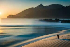 a man walking on the beach at sunset. AI-Generated photo