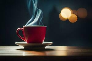 a red cup of coffee on a wooden table. AI-Generated photo