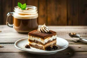 a slice of tiramisu dessert on a plate with a cup of coffee. AI-Generated photo