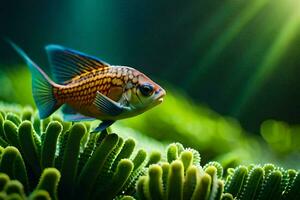 un pescado es en pie en parte superior de algunos verde plantas. generado por ai foto