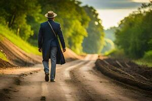 a man in a suit and hat walks down a dirt road. AI-Generated photo