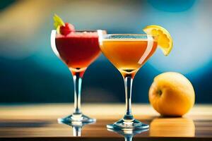 two cocktails with fruit and orange slices. AI-Generated photo