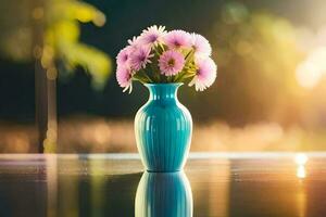 a blue vase with pink flowers sitting on a table. AI-Generated photo