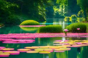 a pond with pink lily pads and green grass. AI-Generated photo