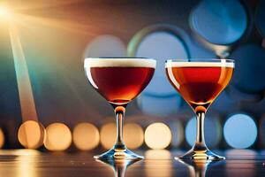 two glasses of alcohol on a table. AI-Generated photo
