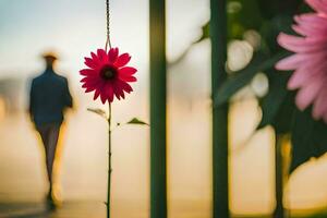 un hombre caminando en el antecedentes con un rosado flor. generado por ai foto