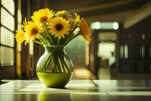 sunflowers in a vase on a table. AI-Generated photo