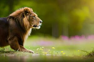 a lion is walking in the grass with flowers. AI-Generated photo