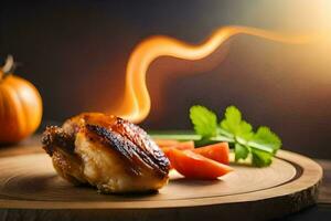 a piece of chicken on a wooden cutting board with a flame. AI-Generated photo