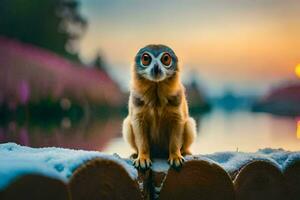 a cute little owl sitting on a log in front of a lake. AI-Generated photo