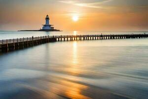 a lighthouse stands on a pier at sunset. AI-Generated photo