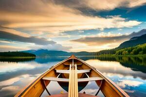 a canoe is floating on a calm lake at sunset. AI-Generated photo